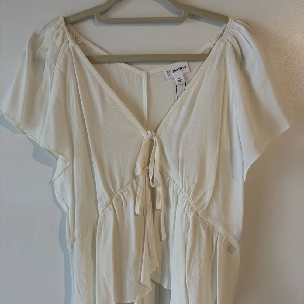 Cream Flutter Sleeve Crop Top with Tie Front
